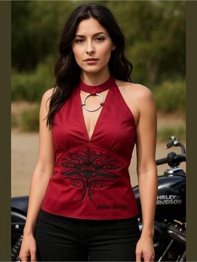 Y2K Harley-Davidson Burgundy Halter Top with Silver Ring and Heart Design size M